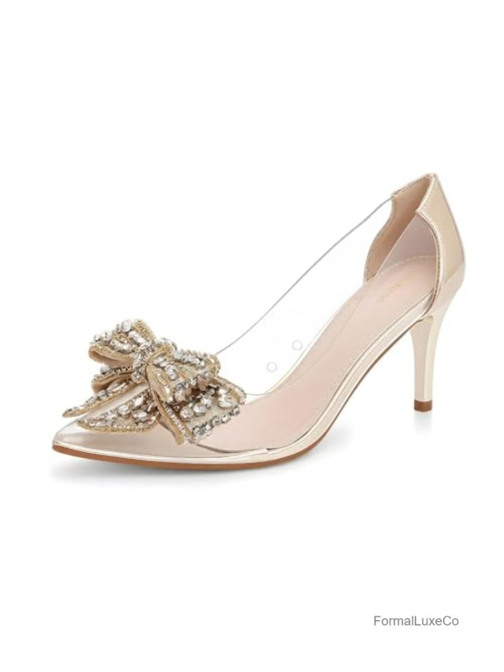 Crystal Bow Pointed Toe Clear Kitten Heels - 2.5in Heel - Low Stiletto